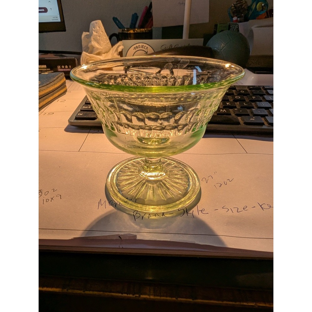 Vintage Uranium Glass Bowls Set 6 Green Ribbed Dessert Sherbet UV Glow